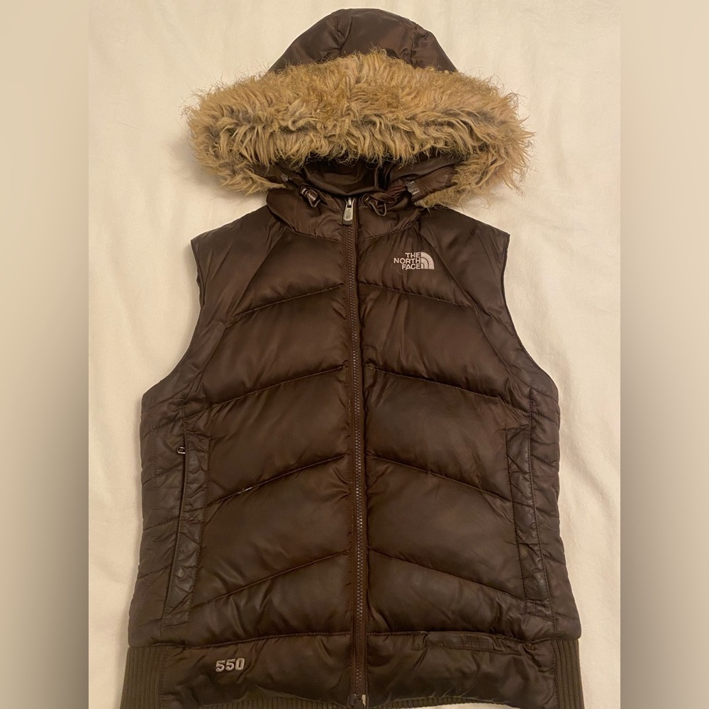 Northface 550 Down Vest with faux fur hood (detachable). Very good condition.